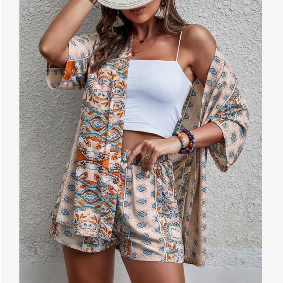 Boho Floral Paisley Print Open Front Kimono Top Shirt Blouse Shorts Set PINK - Picture 7 of 14